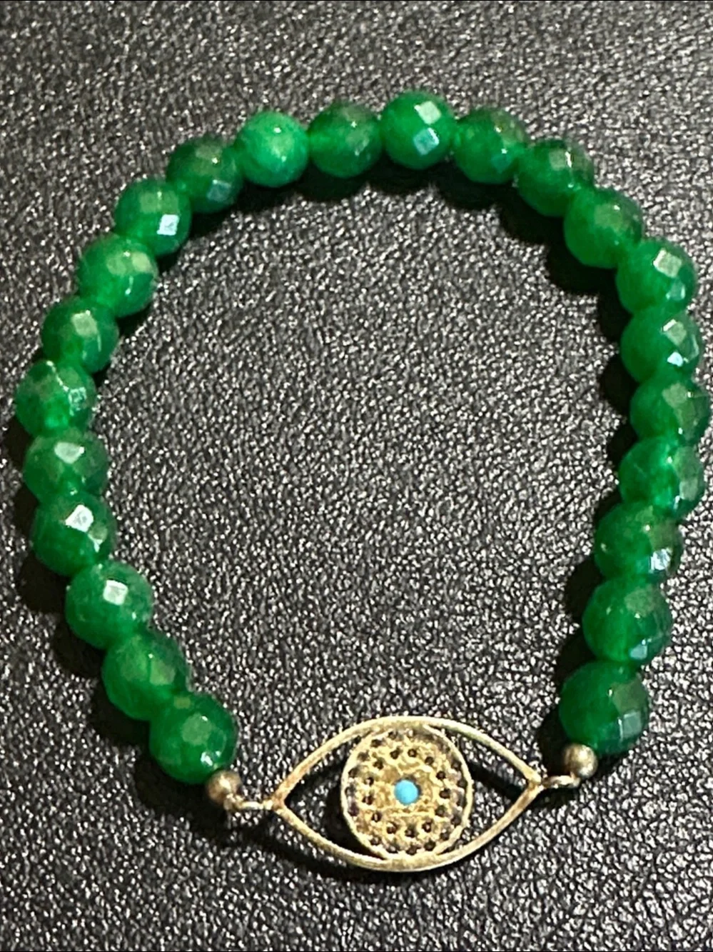6mm Faceted Green Gemstone Evil Eye Protection Stretch Bracelet Gold-Tone